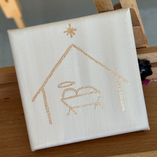 Minimalist Rose Gold Line Drawing Simple Baby Jesus Christmas Nativity Hand Painted Canvas 4"x4" Cream