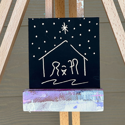 Minimalist Rose Gold Line Drawing Simple Christmas Nativity Hand Painted Canvas 4"x4" Black