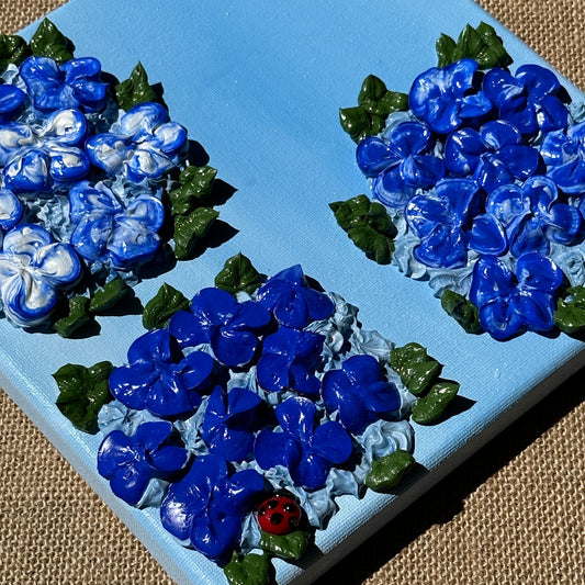 3D Blue Hydrangeas on Blue Canvas 8"x8"