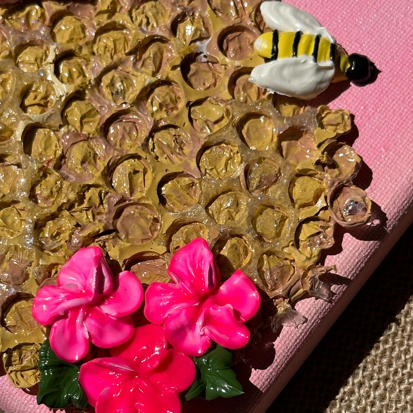 3D Bees and Multicolored Flowers on Pink Canvas 8"x8"