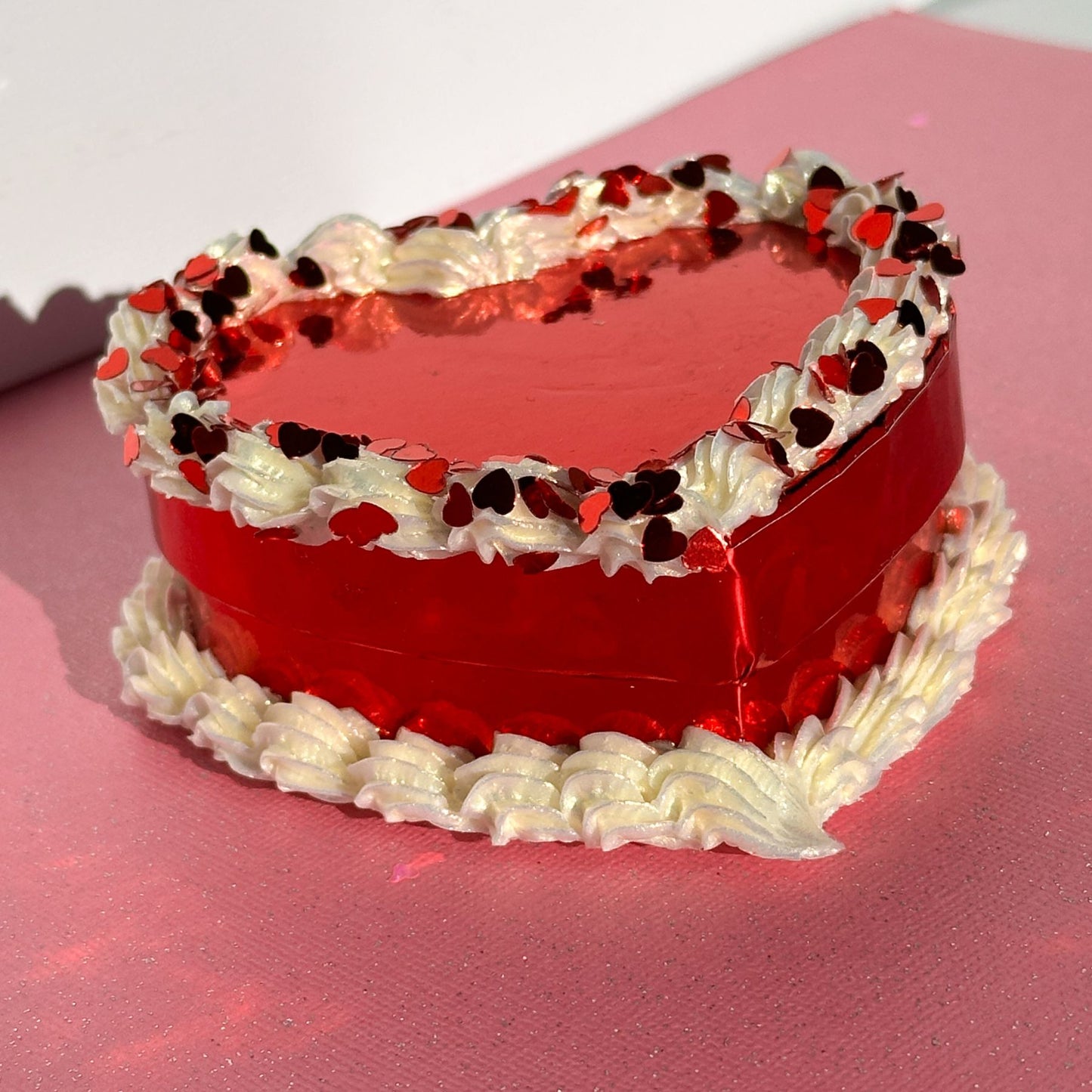 3D Painted Cake - Heart Box Red Metallic With Pearl "Frosting" and Red Heart Glitter