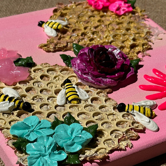 3D Bees and Multicolored Flowers on Pink Canvas 8"x8"