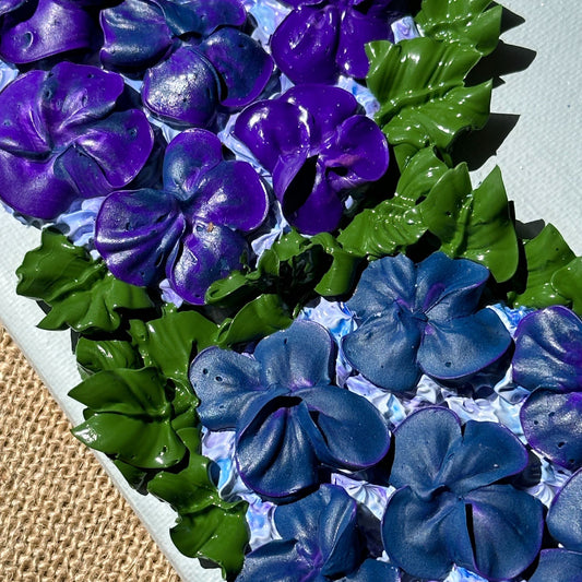 3D Blue and Purple Hydrangeas on Gray canvas 8"x8"