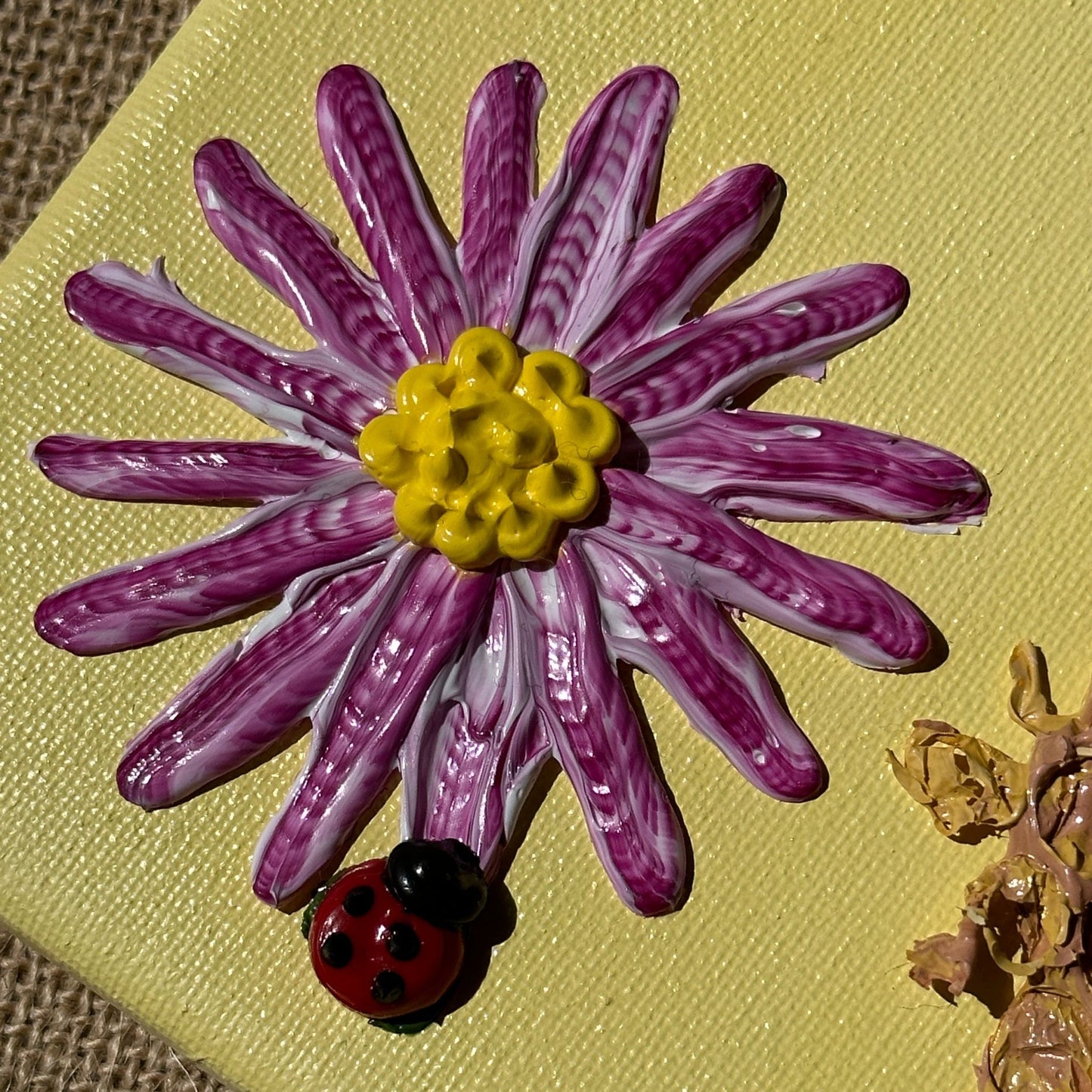 3D Bees and Purple Flowers on Yellow Canvas 8"x8"