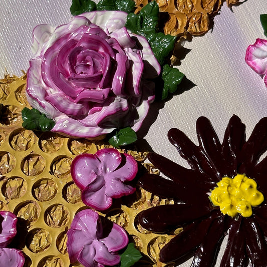 3D Bees and Purple Flowers on Purple Canvas 8"x8"