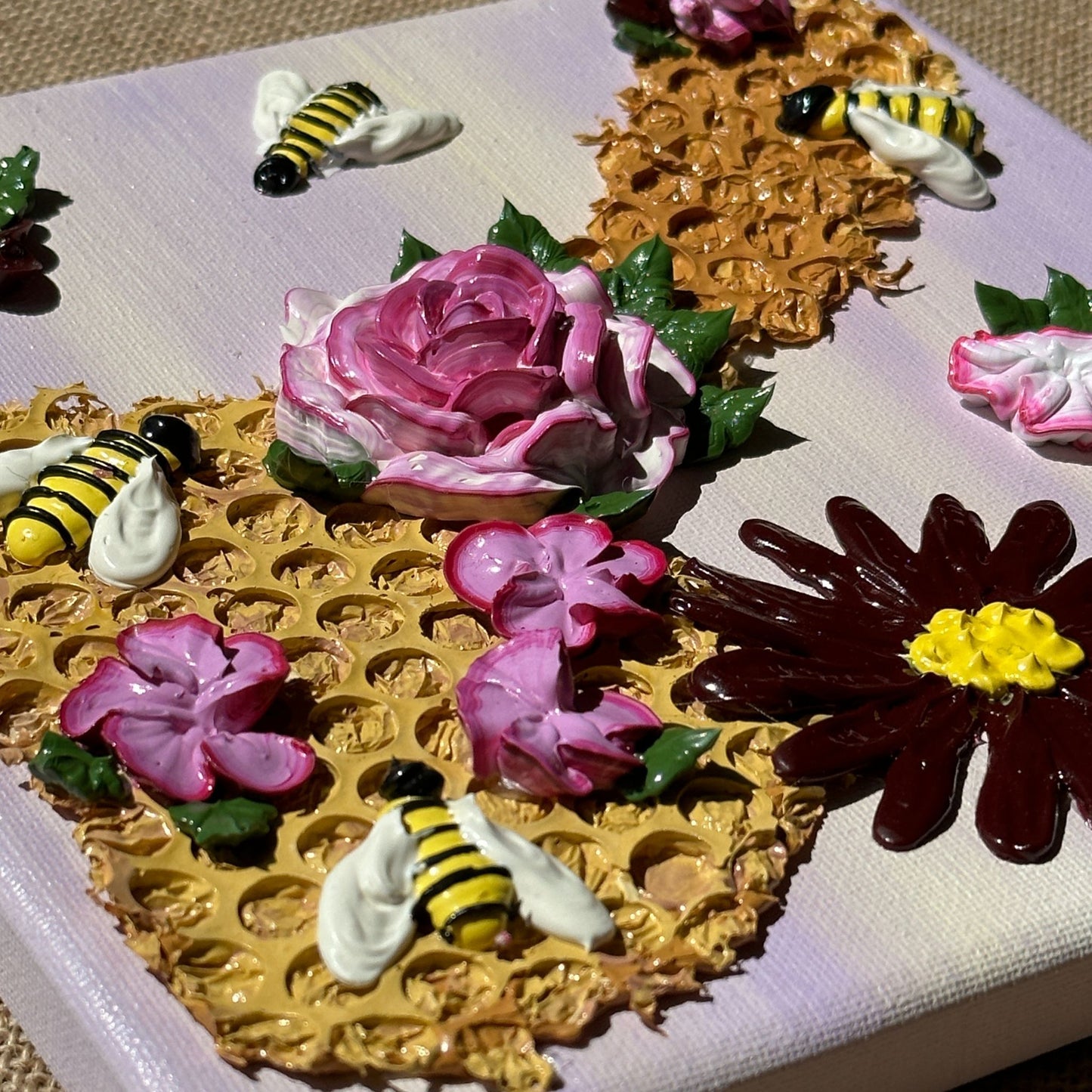 3D Bees and Purple Flowers on Purple Canvas 8"x8"