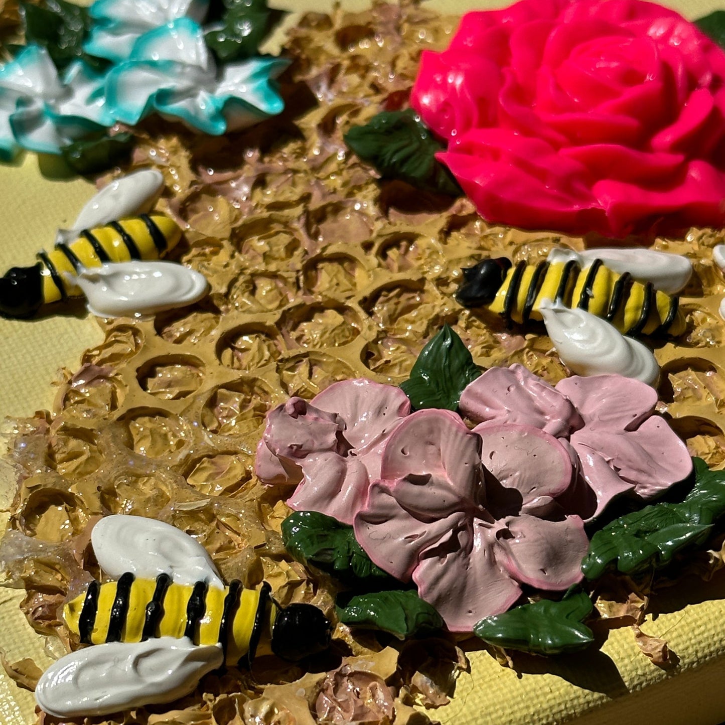 3D Bees and Multicolored Flowers on Yellow Canvas 8"x8"