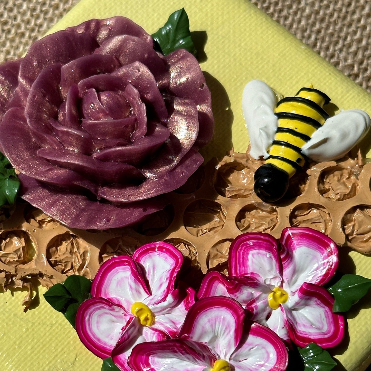 3D Bees And Flowers on Yellow Canvas 4"x4"