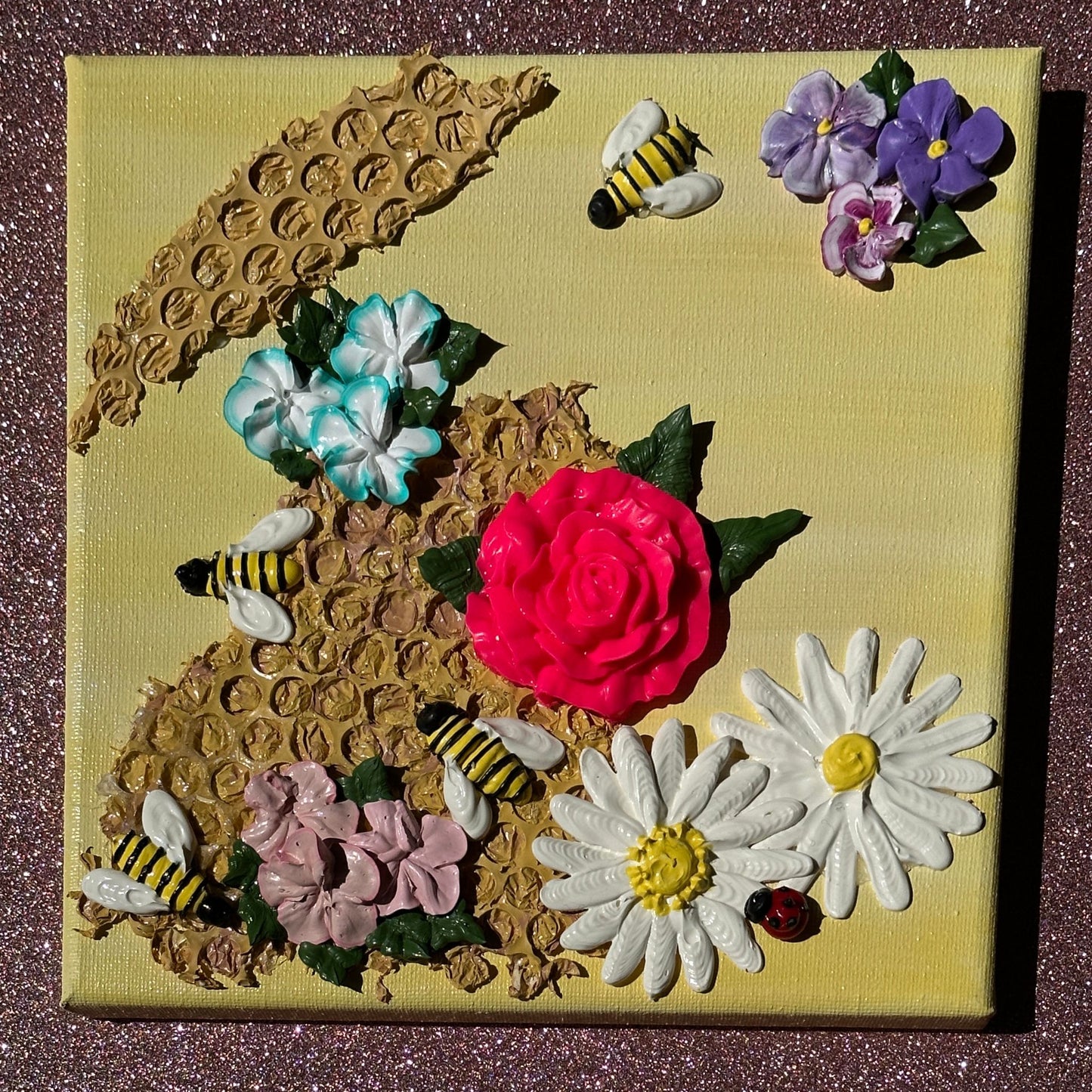 3D Bees and Multicolored Flowers on Yellow Canvas 8"x8"
