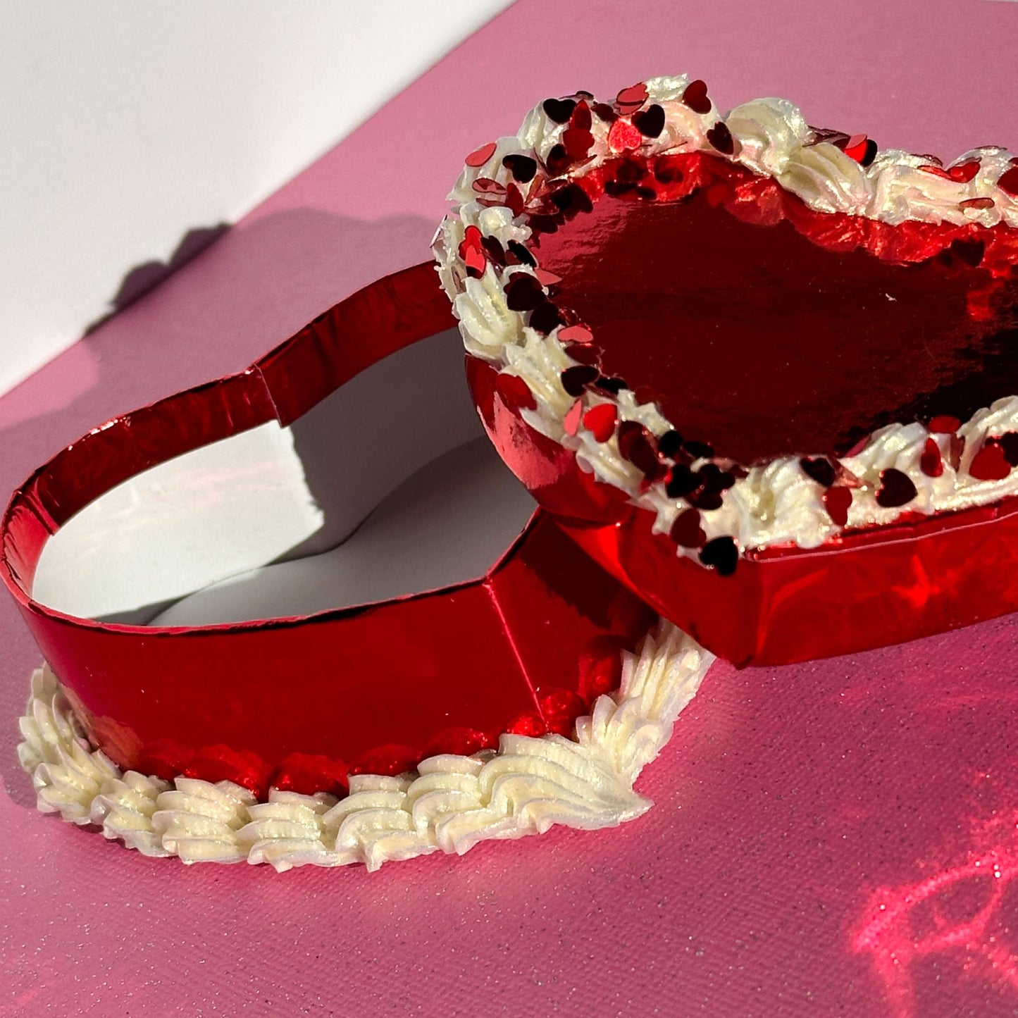 3D Painted Cake - Heart Box Red Metallic With Pearl "Frosting" and Red Heart Glitter