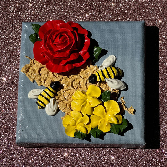 3d Bees And Flowers on Blue Canvas 4"x4"