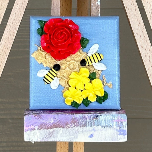 3d Bees And Flowers on Blue Canvas 4"x4"