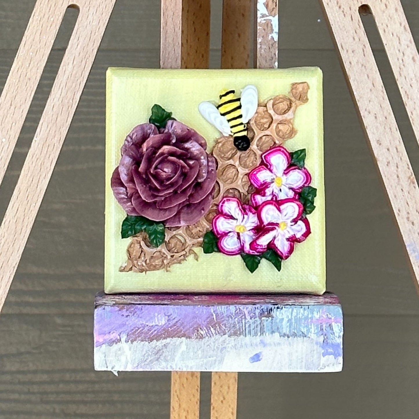 3D Bees And Flowers on Yellow Canvas 4"x4"