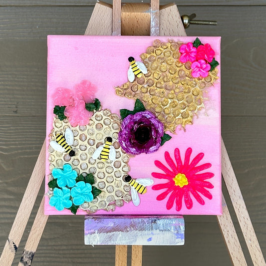 3D Bees and Multicolored Flowers on Pink Canvas 8"x8"