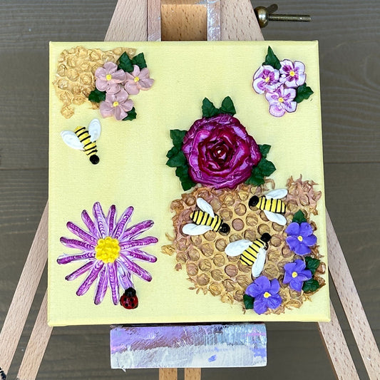 3D Bees and Purple Flowers on Yellow Canvas 8"x8"