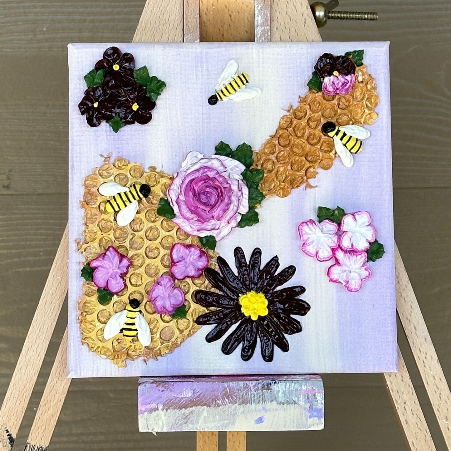 3D Bees and Purple Flowers on Purple Canvas 8"x8"