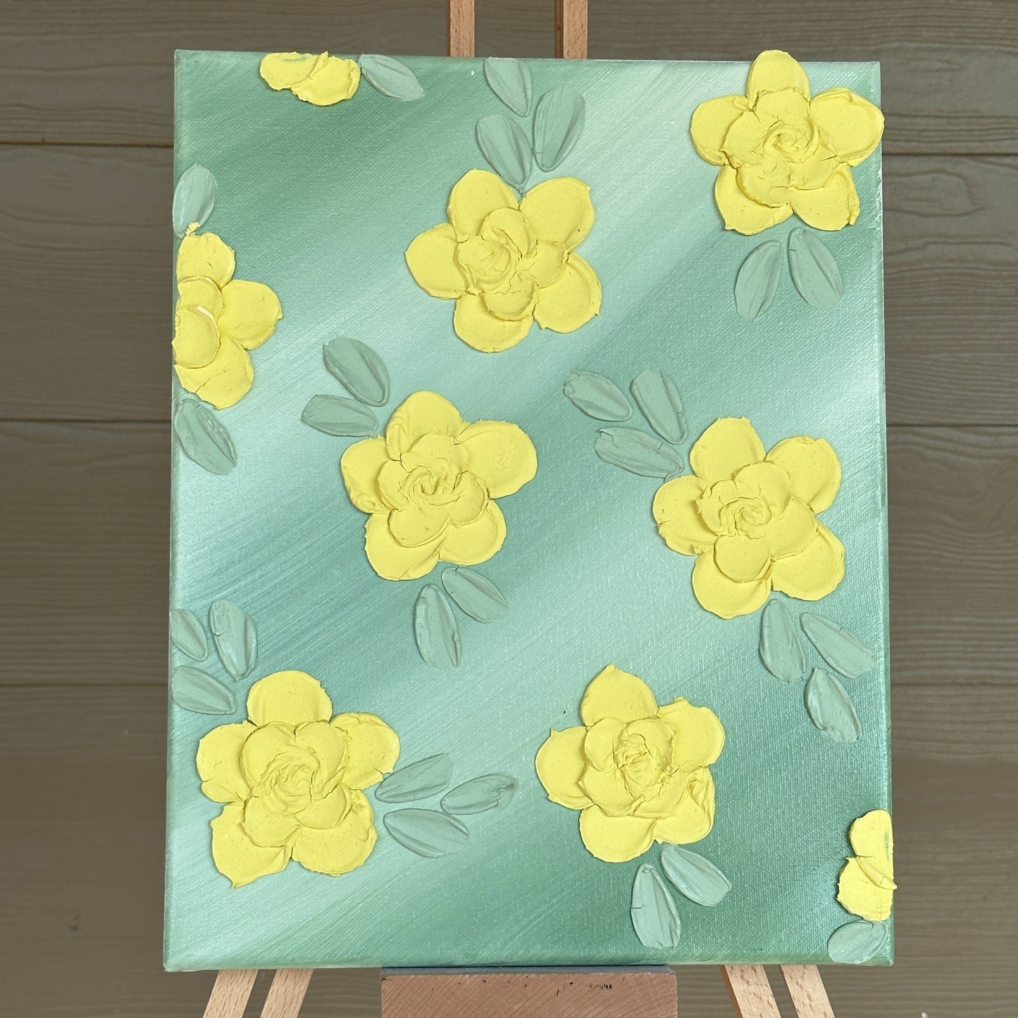 3D Texture Light Yellow Roses on Light Green 11"x14"