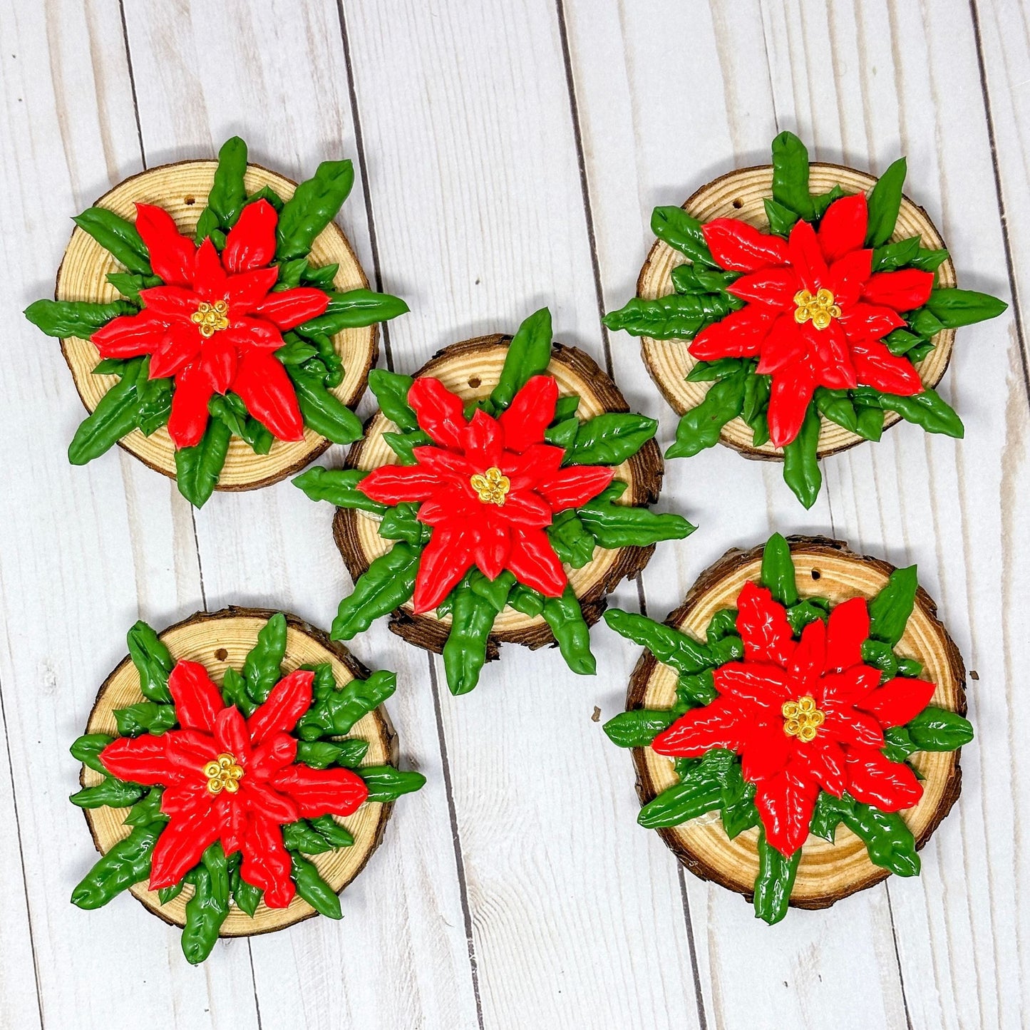 3D Poinsettia Flower on Wood Slice Ornament Decoration