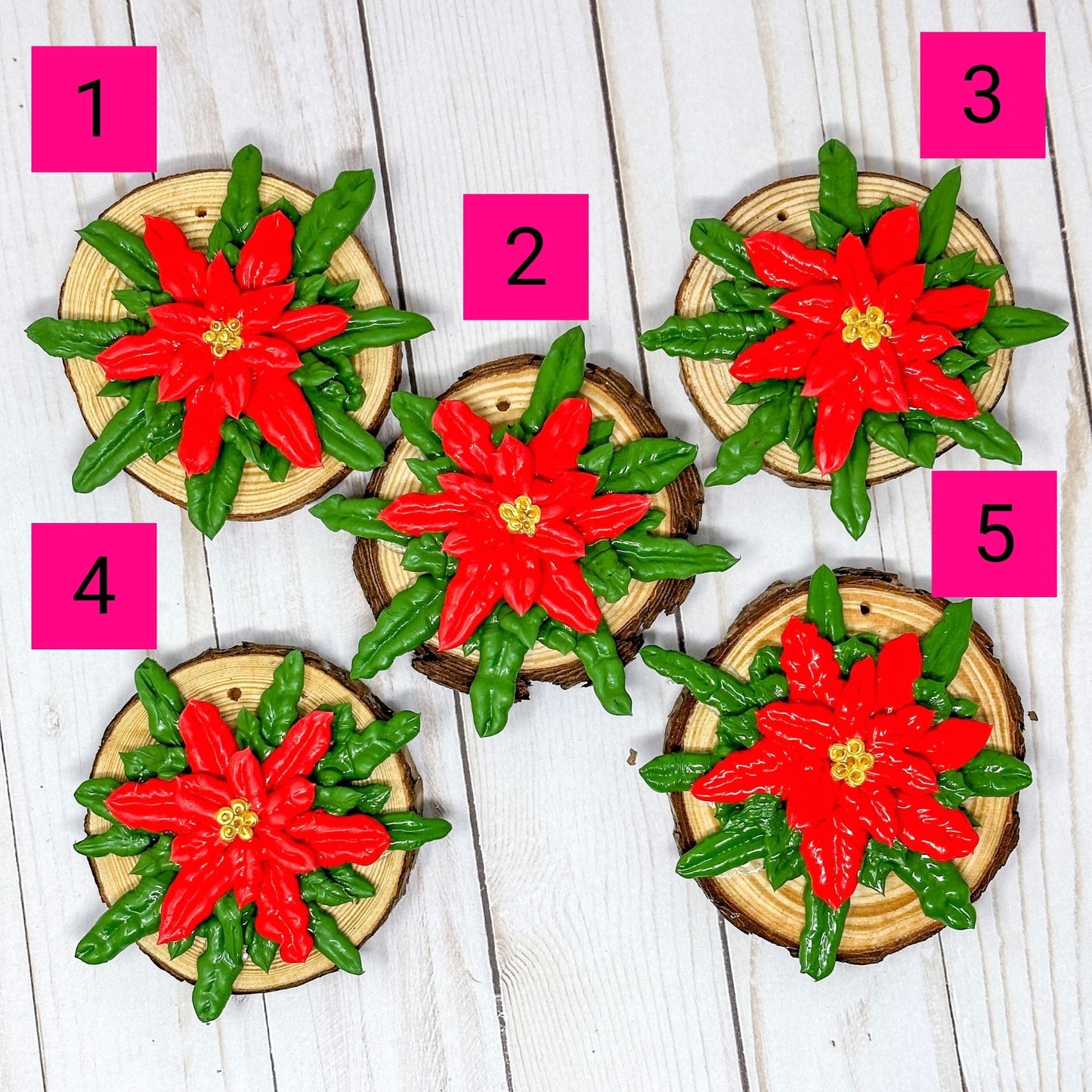3D Poinsettia Flower on Wood Slice Ornament Decoration