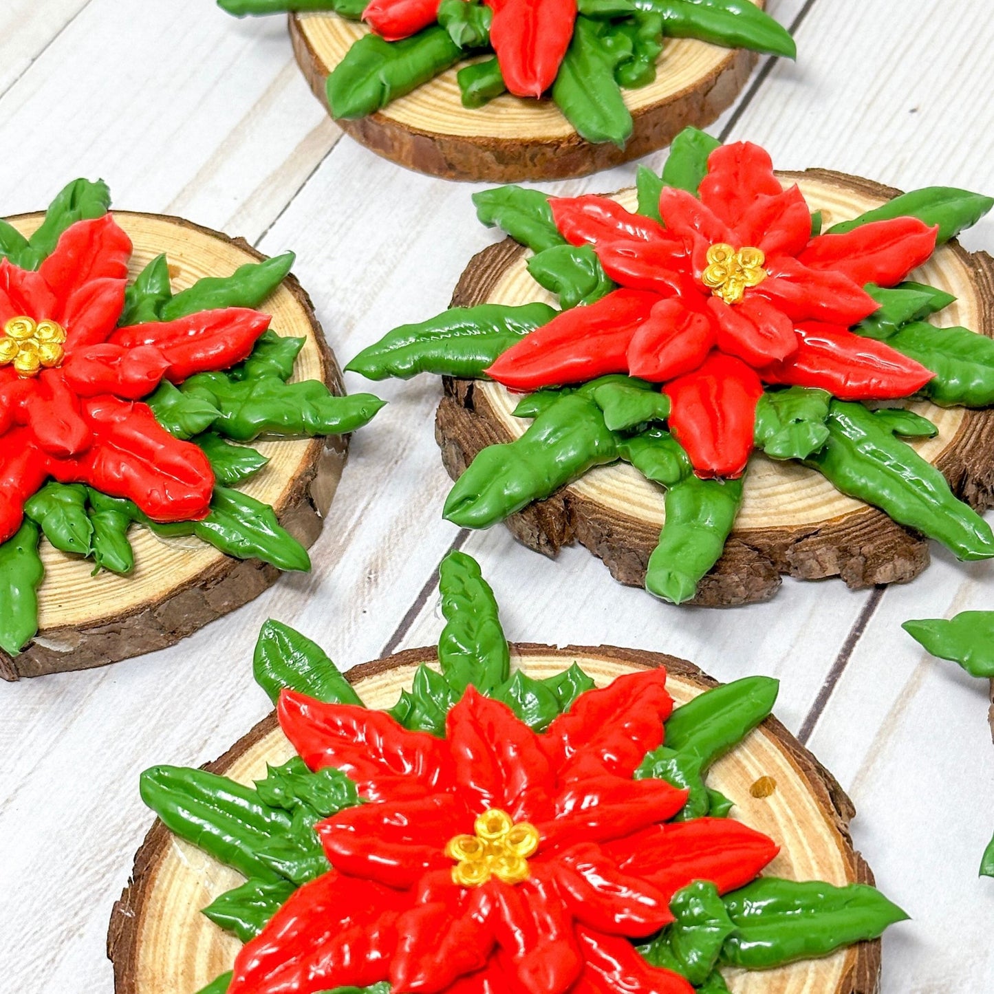 3D Poinsettia Flower on Wood Slice Ornament Decoration
