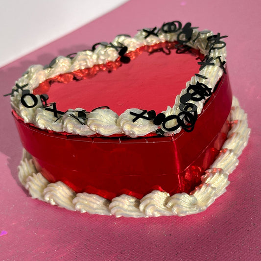 3D Painted Cake - Heart Box Red Metallic With Pearl "Frosting" and Black XO Glitter