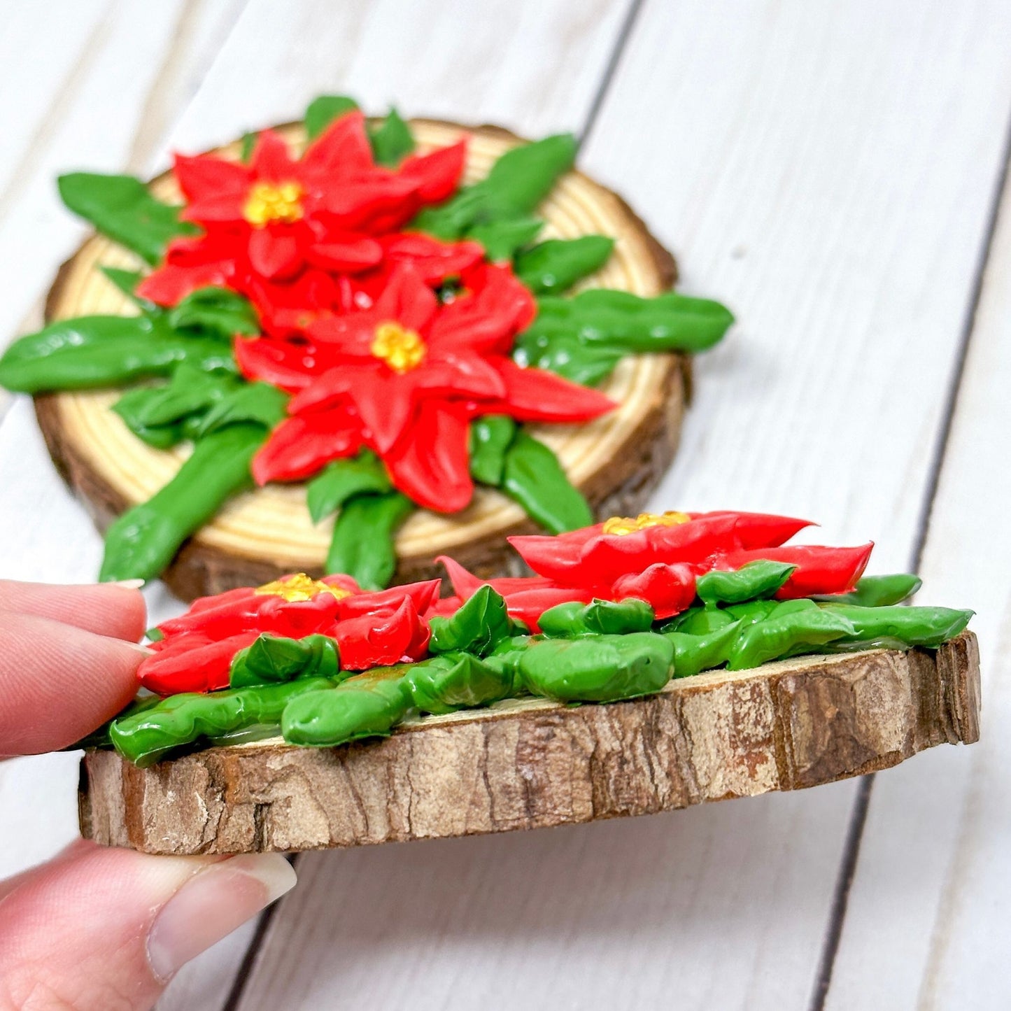 3D Poinsettia Flowers on Wood Slice Ornament Decoration - Small Duo