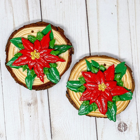 3D Poinsettia Flower on Wood Slice Ornament Decoration - Dark Red