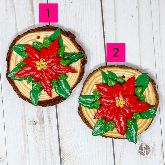 3D Poinsettia Flower on Wood Slice Ornament Decoration - Dark Red