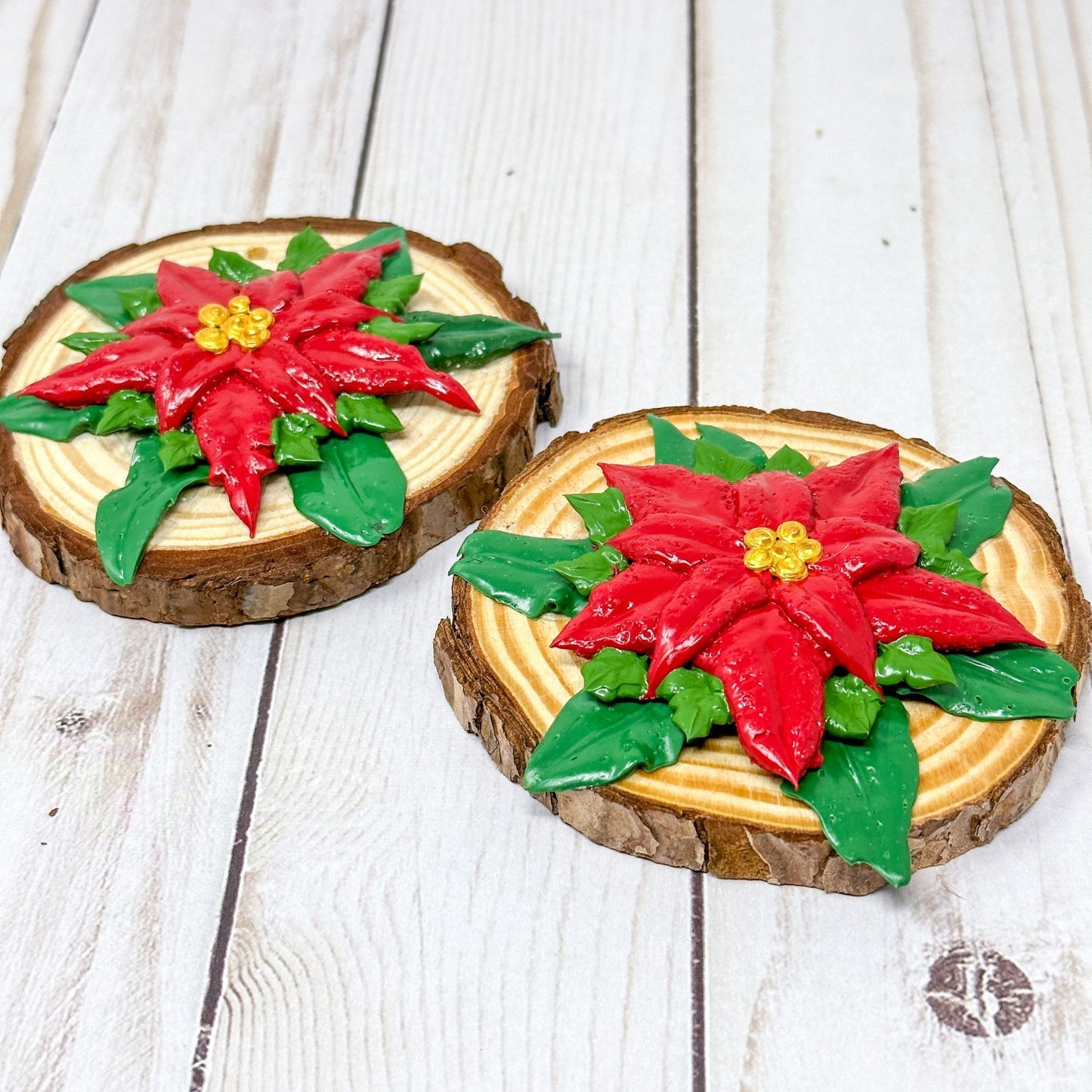 3D Poinsettia Flower on Wood Slice Ornament Decoration - Dark Red