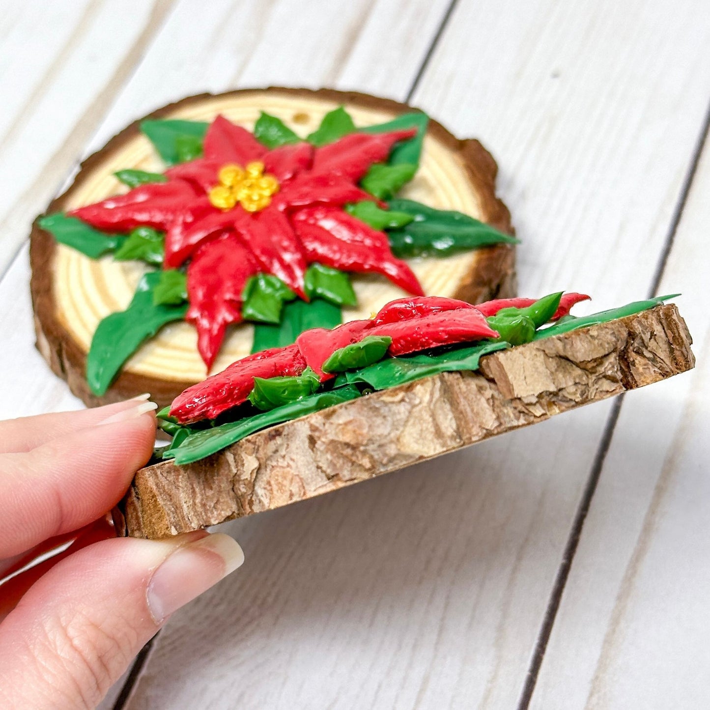 3D Poinsettia Flower on Wood Slice Ornament Decoration - Dark Red