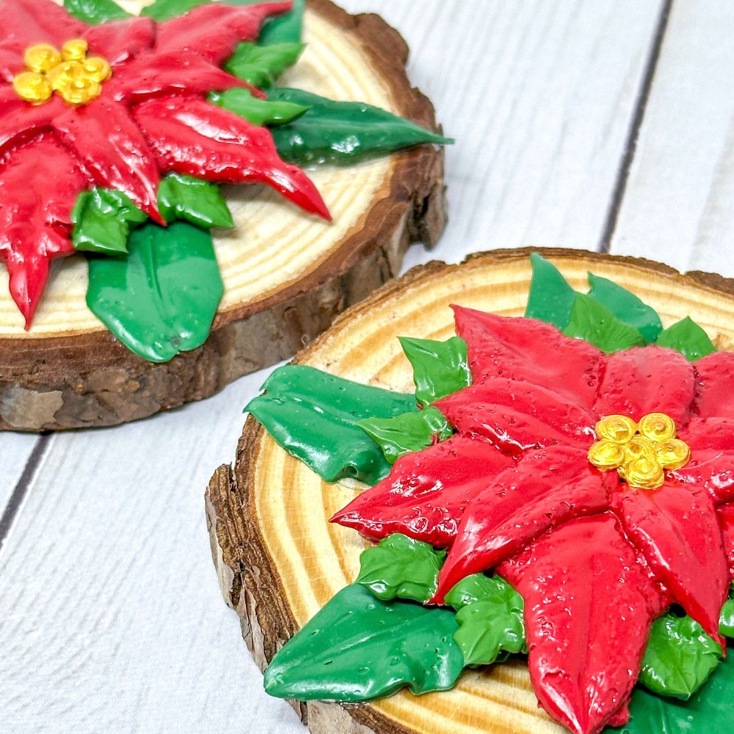 3D Poinsettia Flower on Wood Slice Ornament Decoration - Dark Red