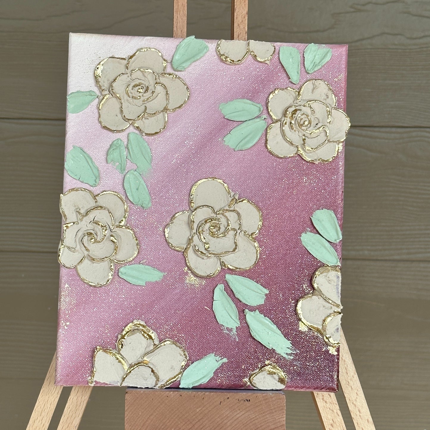 3D Texture Beige Roses with Gold Foil on Burgundy Ombre 8"x10"