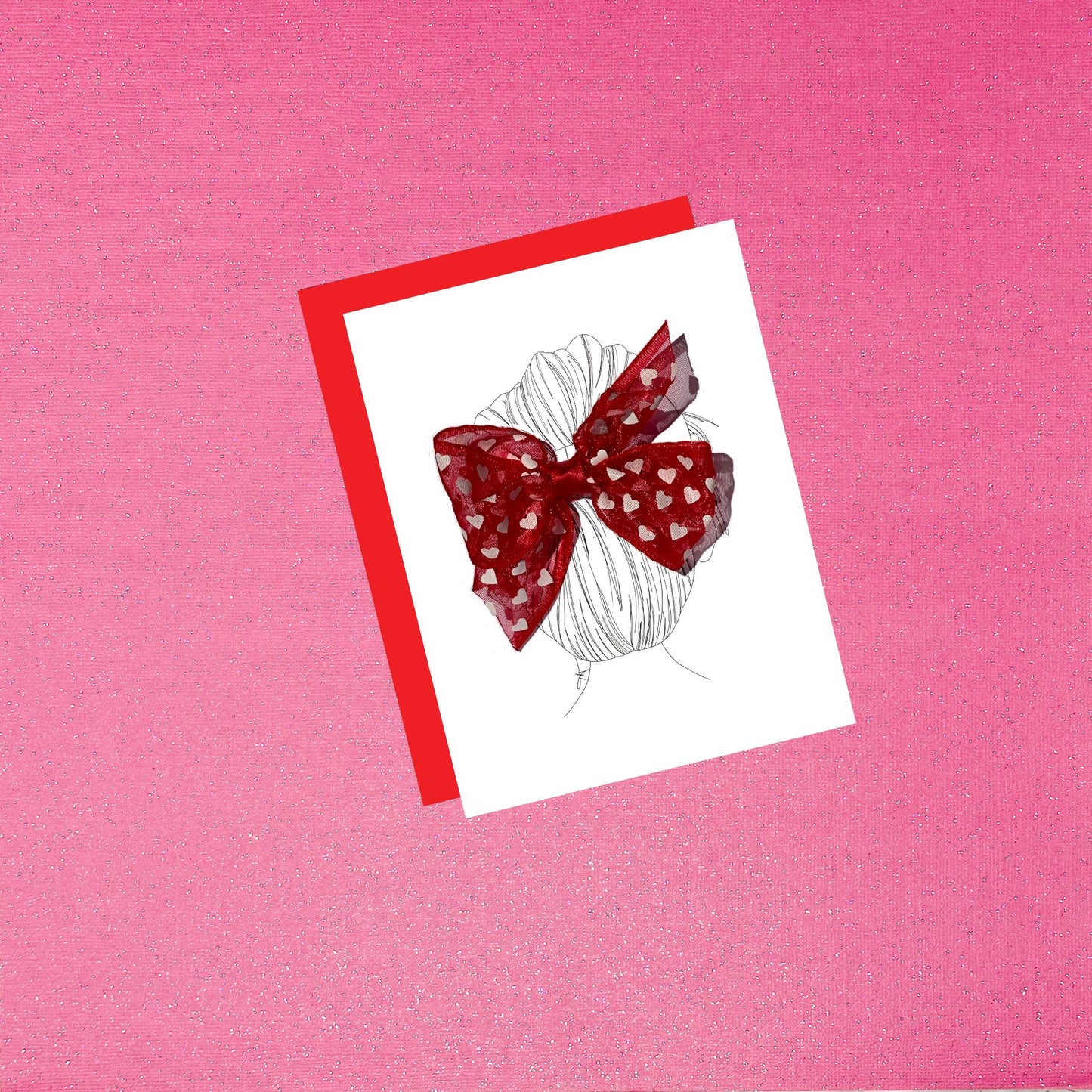 Girl With Real Hair Bow Clip Fashion Greeting Card - Valentine's Day Red With White Hearts