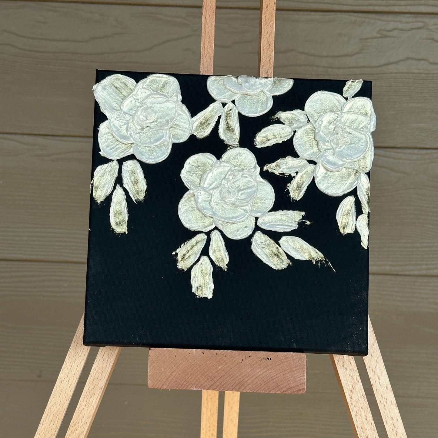 3D Texture White Pearl Roses on Black 8"x8"