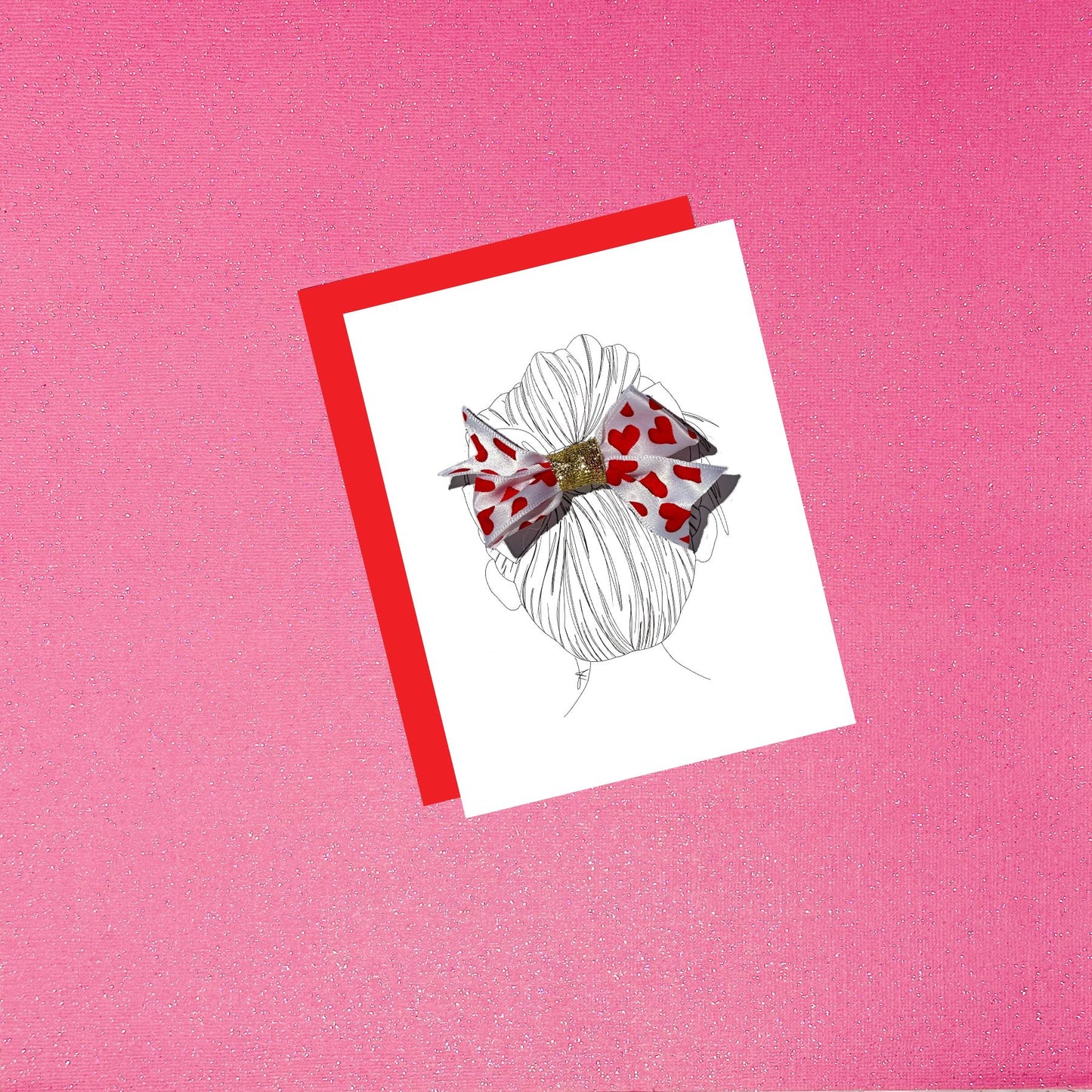 Girl With Real Hair Bow Clip Fashion Greeting Card - Valentine's Day Red With Red Hearts