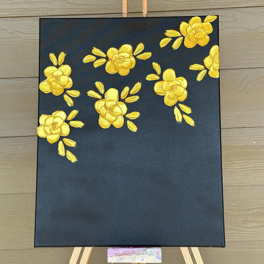 3D Texture Gold Pearl Roses on Black Canvas 16"x20"