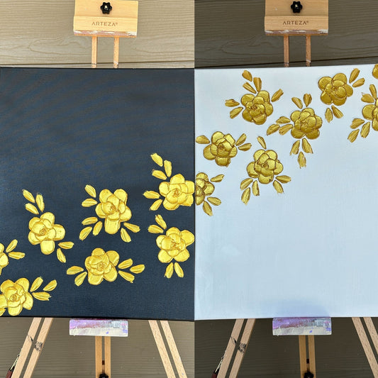 3D Texture Gold Pearl Roses on Black Canvas 16"x20"