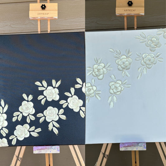 3D Texture White Pearl Roses on White Canvas 16"x20"