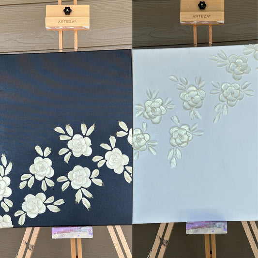 3D Texture White Pearl Roses on Black Canvas 16"x20"