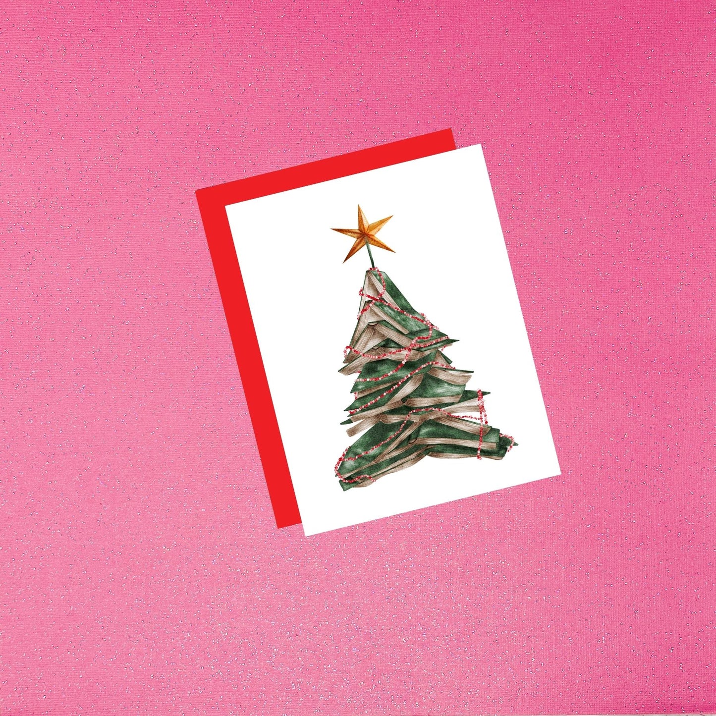 Book Lover’s Christmas Card | Hand-Painted Watercolor Tree Made of Antique Books | Holiday Card with Red Envelope