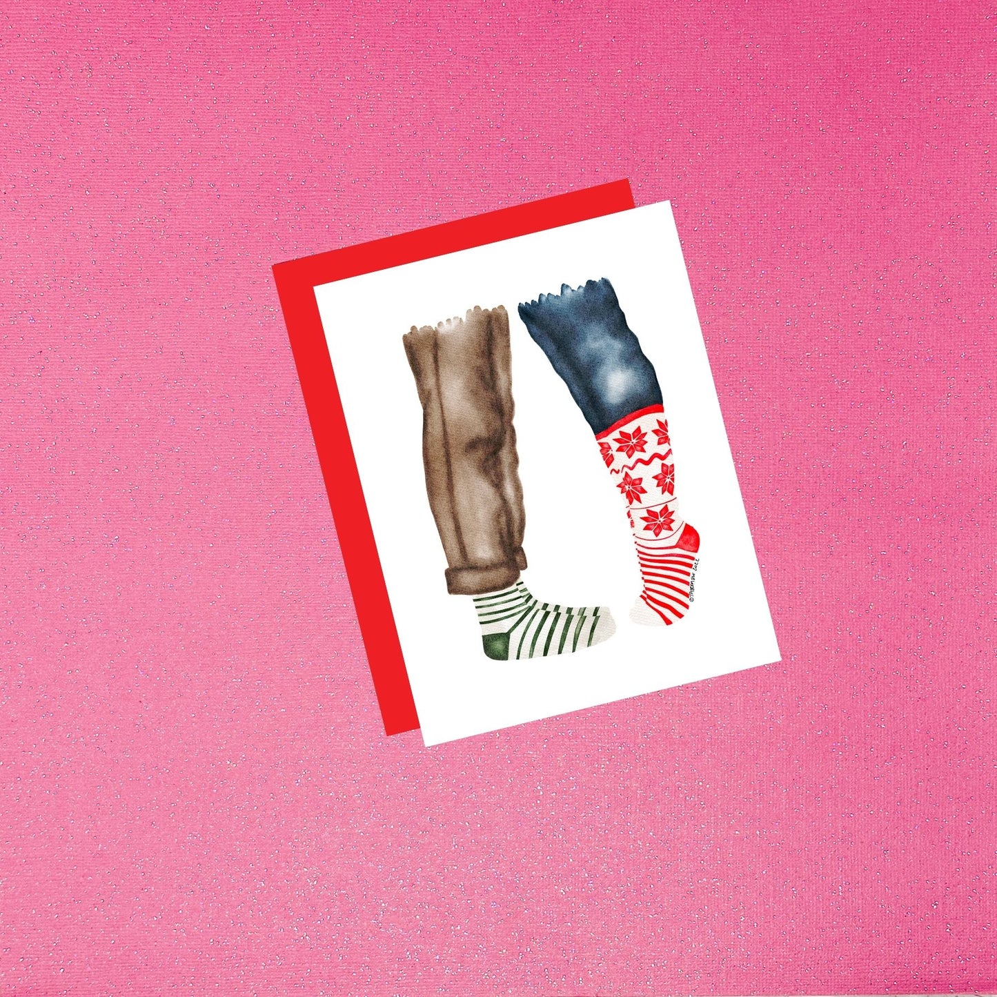 Holiday Socks Couple Card | Hand-Painted Watercolor Christmas Card with Red Envelope | Cozy Holiday Greeting