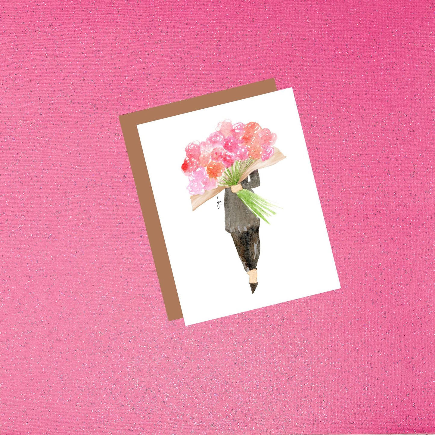 Girl With Bouquet Watercolor Fashion Illustration Greeting Card