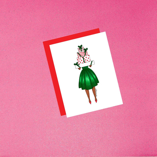 Christmas Shopping Card | Hand-Painted Watercolor Holiday Card with Red Envelope | Dark Skin Woman