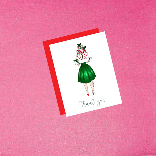 Thank You Holiday Card | Hand-Painted Watercolor Christmas Card with Red Envelope | Fair Skin Woman