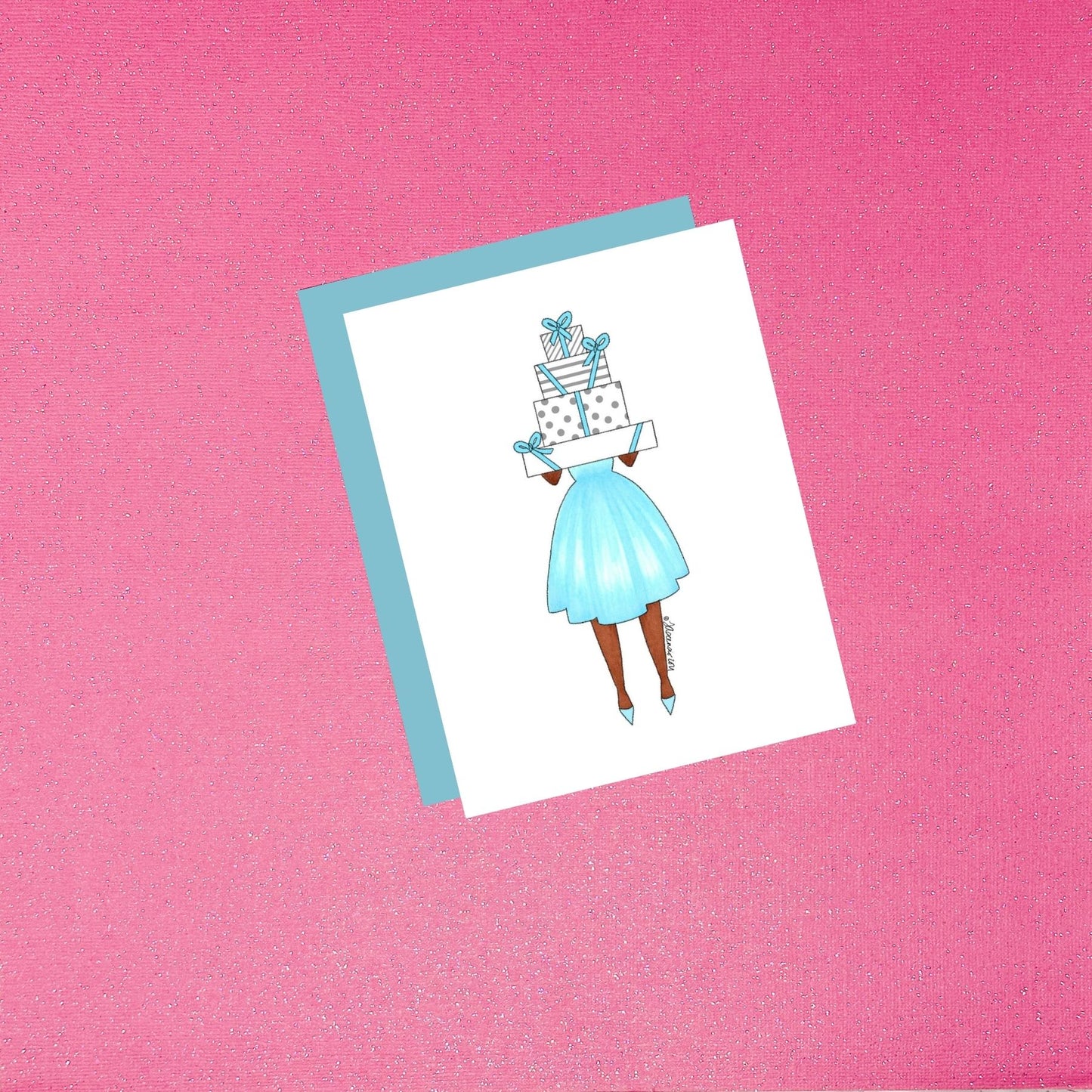 Girl With Presents - Gracious Gifts Fashion Illustration Card - Light Blue Dark Skin