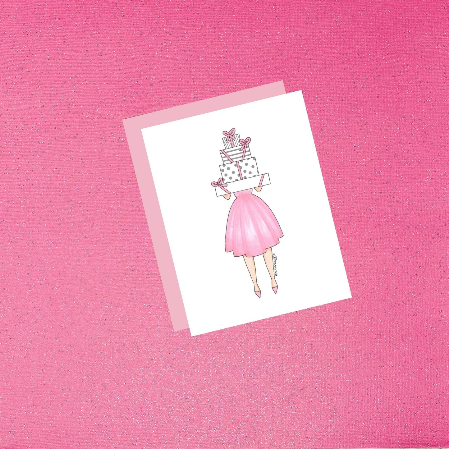 Girl With Presents - Gracious Gifts Fashion Illustration Card - Light Pink Fair Skin