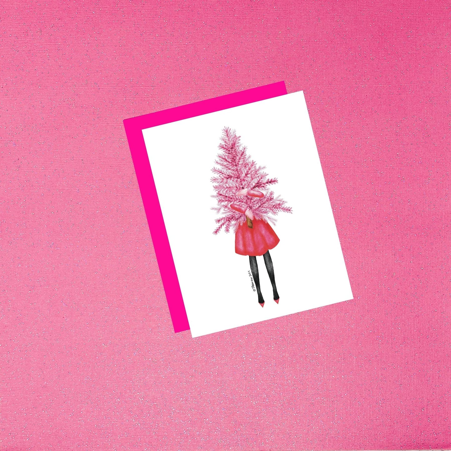 All Pink Christmas Tree Card | Hand-Painted Watercolor Holiday Card with Hot Pink Envelope