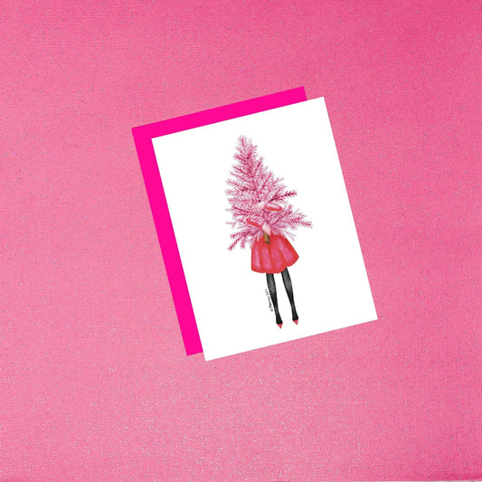 All Pink Christmas Tree Card | Hand-Painted Watercolor Holiday Card with Hot Pink Envelope