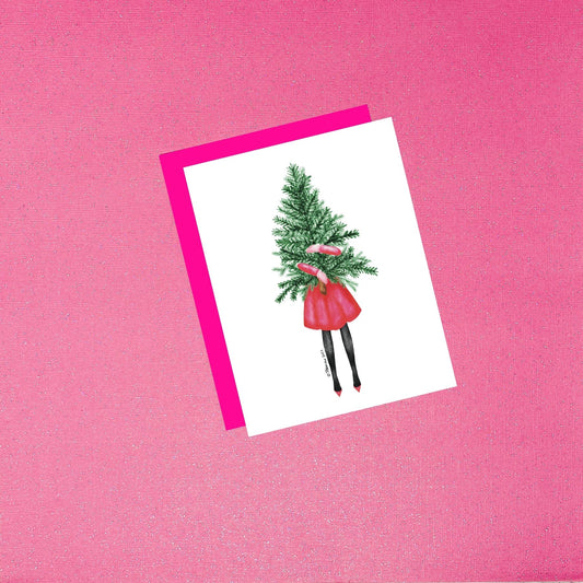 Holiday - Trendy Tree Pink and Green | Hand-Drawn Fashion Illustration Christmas Card