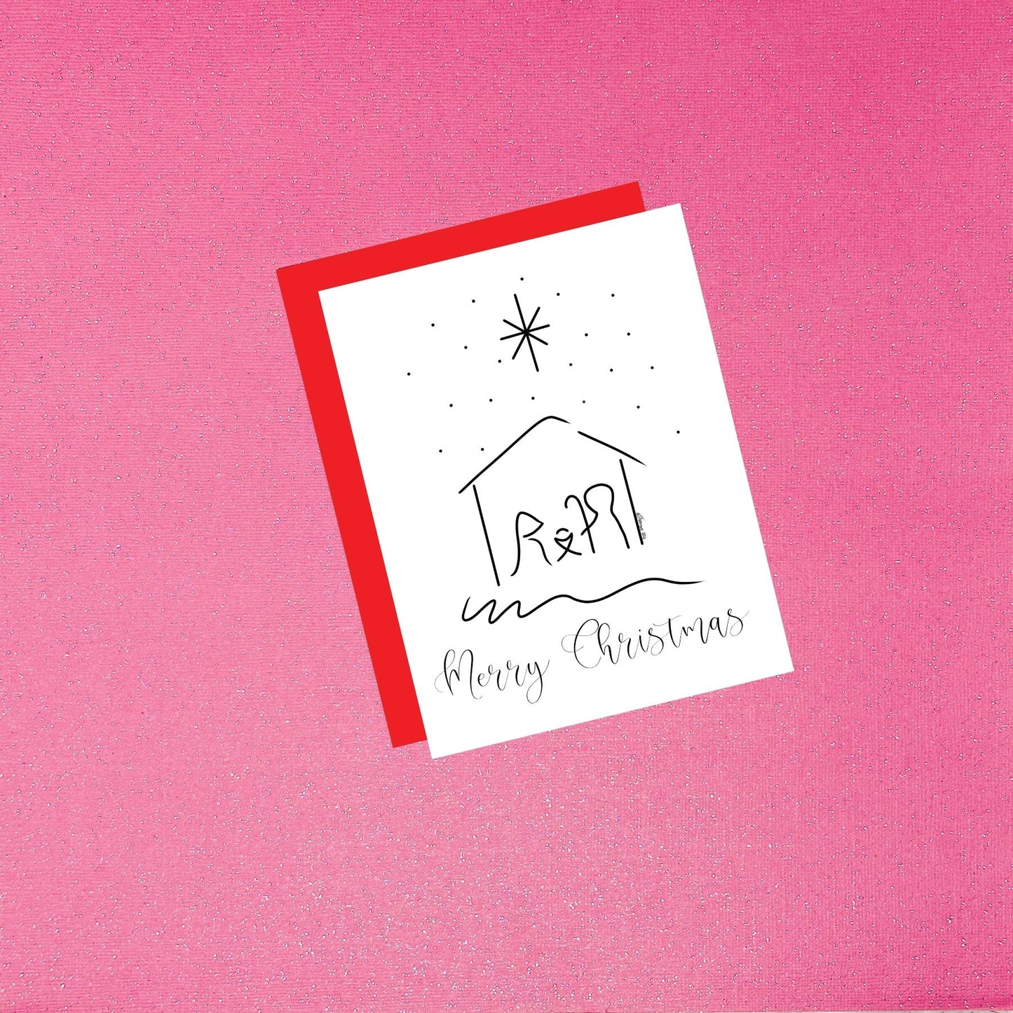 Merry Christmas Nativity Scene Card | Minimalist Christian Holiday Card with Red Envelope